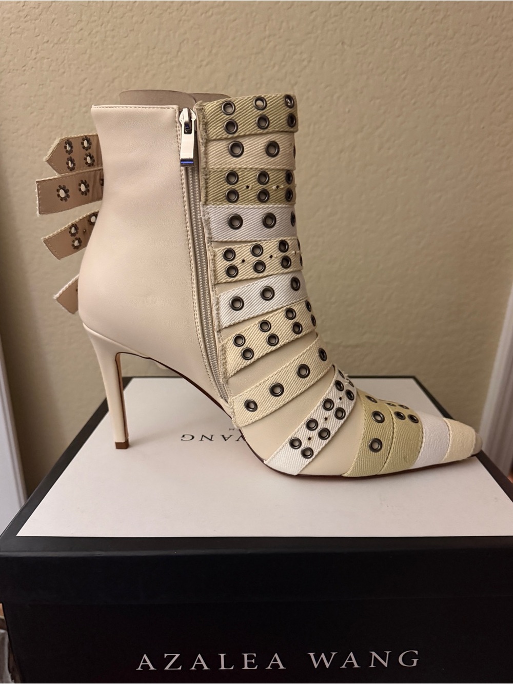 Azalea Wang Cream Strappy Eyelet Stiletto Sandal - Picture 2 of 6